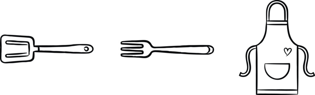Hand drawn black outline kitchen spatula fork and apron with heart