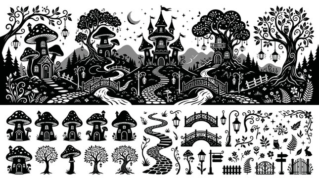 Fantasy village with trees houses trees and winding paths