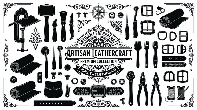Leather craft tools and equipment set.