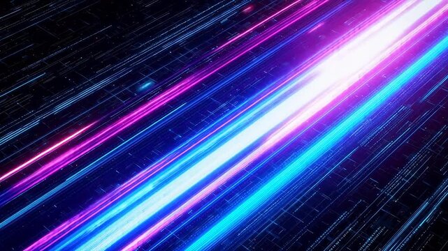 Abstract neon light streaks on digital grid