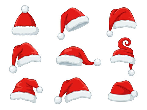 Collection of red and white Santa Claus hats displayed at various angles