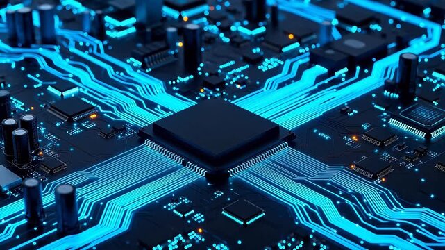 Circuit board with glowing blue lines