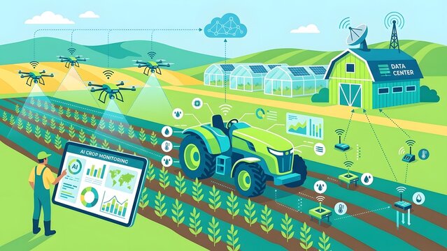 Ai crop monitoring and smart farming technology with autonomous tractor and aerial drone fleet
