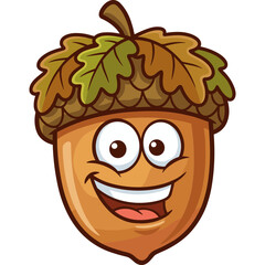 Fototapeta premium A smiling cartoon acorn character with green and brown leafy cap illustration
