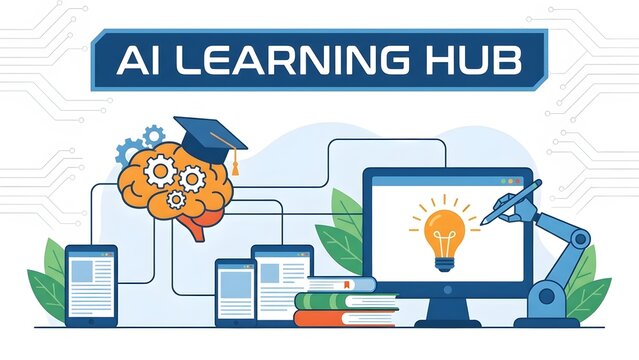Ai learning hub concept with brain gears and robotic arm lightbulb on computer education
