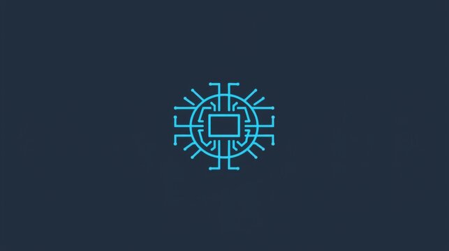 Blue digital microchip icon with circular circuit board lines on dark background