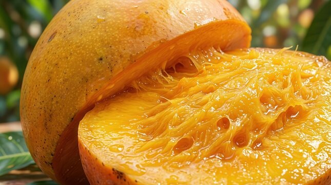 Close up sliced ripe mango with juicy yellow flesh and textured skin on wooden surface