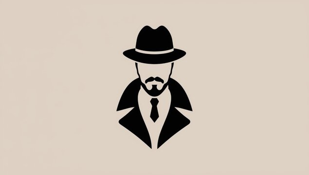 Minimalist icon of a mysterious man wearing a fedora hat and a trench coat