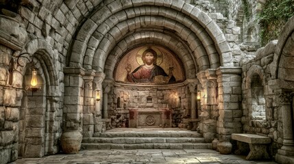 Fototapeta premium Majestic Medieval Romanesque Abbey Interior with Stunning Apse Artwork