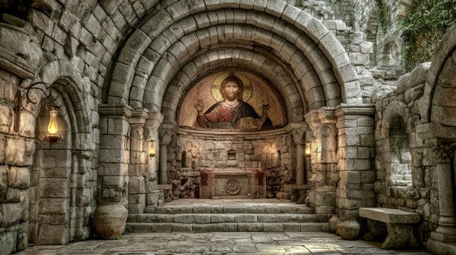 Majestic Medieval Romanesque Abbey Interior with Stunning Apse Artwork