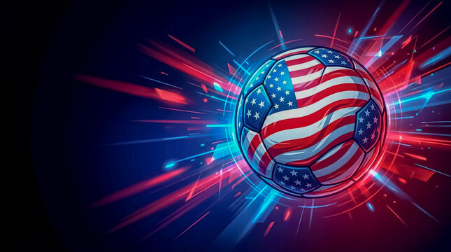 Illustrated soccer ball featuring the US flag design, surrounded by vibrant light beams and energy bursts.
