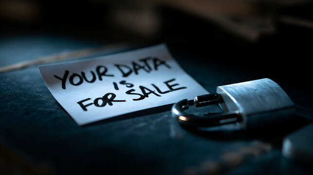 A small white paper note with handwritten black text warning that your data is for sale next to a metallic silver padlock in dim lighting.