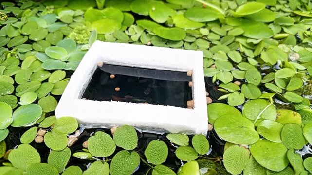 Dropping Fish Food Pellets into Floating Box Pond Fish Farming Water Lettuce Garden