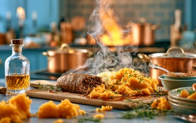 Obraz premium Delicious haggis presentation with neeps, fresh herbs, and Scottish kitchen backdrop