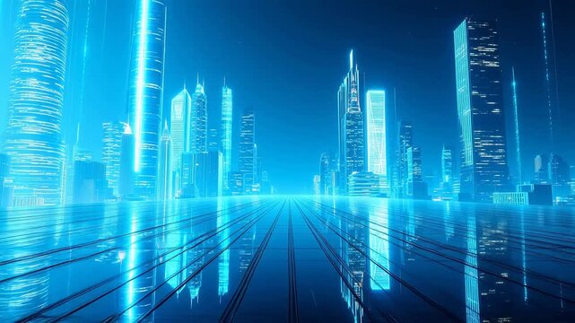 Futuristic cityscape with glowing skyscrapers