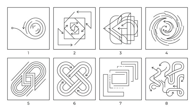 Abstract line art maze patterns showing movement paths direction and complexity.