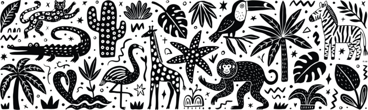 Black and white jungle animals and tropical plants pattern