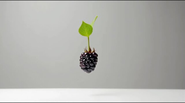 Black raspberry with green leaves suspended in mid-air above a white surface, showcasing a gradual upward motion in a minimalistic setting