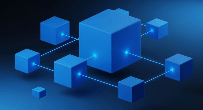 Abstract illustration of interconnected glowing blue blocks and their network representation