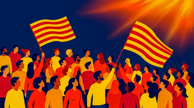 Illustrated depiction of a diverse crowd holding striped yellow-and-red flags, symbolizing unity and regional pride during a sunset celebration or protest.