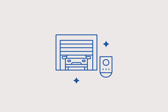 Garage door sectional panel next to remote controller line icon for automated garage gate install, vehicle garage service, property security app. Safe vector illustration for transit.