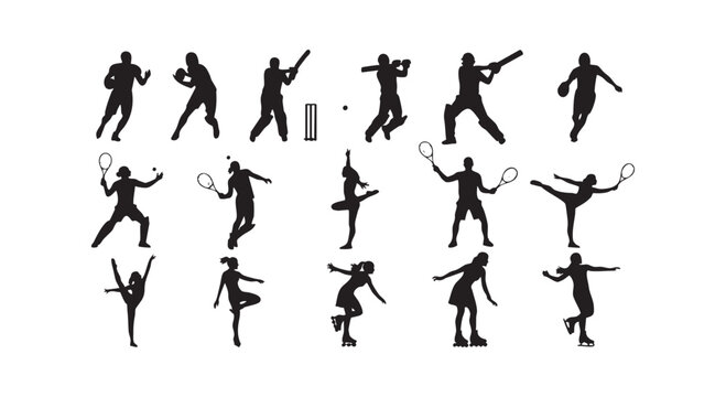 Athletic sports people silhouettes collection with tennis cricket dancing and skating figures for physical activity art.
