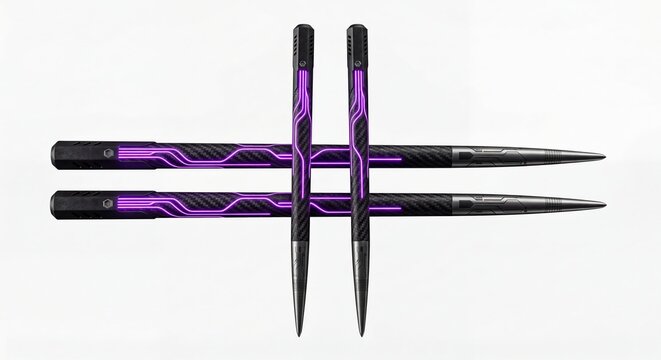 Futuristic carbon fiber pens with purple glowing LED circuit patterns. Stylized high-tech writing tools for creative design. Concept of innovative cyber style office supply equipment.