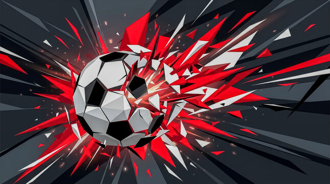 A high-energy digital illustration of a soccer ball exploding into sharp red and white fragments against a dark, dynamic background.
