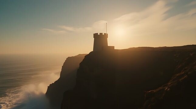 A wide angle cinematic photograph of a stone military outpost tower on a steep coastal cliffside at sunset