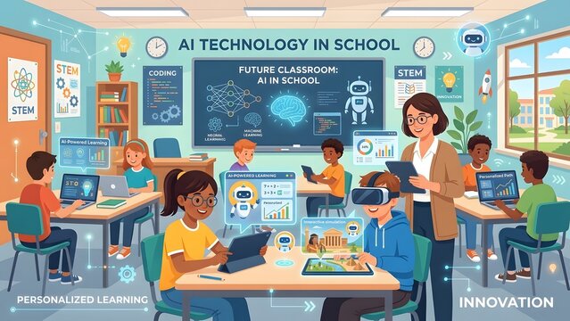 Future classroom concept featuring ai technology and students engaged in personalized learning tasks