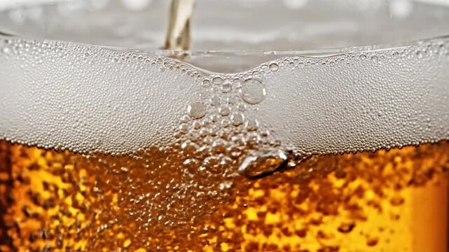 Cold golden lager beer pouring into a glass with thick foam