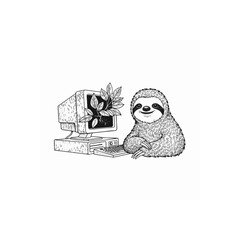 Fototapeta premium Cute cartoon sloth holding a vintage desktop computer with a small plant on top, concept for eco-friendly tech, digital detox, and playful office decor, ideal for app icons, blog illustrations, and