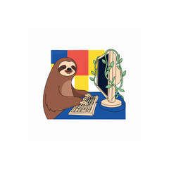 Fototapeta premium Cute cartoon sloth working on a laptop with vibrant tech-themed background, concept for remote work, productivity, and digital nomad lifestyle, ideal for blog illustrations, app interfaces, and
