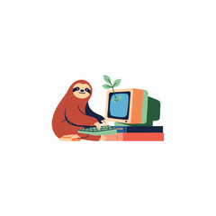 Fototapeta premium Cute cartoon sloth holding retro television with vibrant plant growth on screen, concept for digital detox, eco-friendly lifestyle and mindful relaxation, ideal for wellness apps, children's books