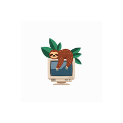 Fototapeta premium Cute cartoon sloth hanging on golden frame with tropical leaves background, concept for wildlife conservation, children's book illustration and eco-friendly branding designs
