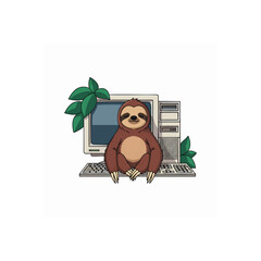 Fototapeta premium Cute cartoon sloth hanging on a retro computer monitor with tropical palm leaves, concept for digital detox, slow living, and mindful technology use in educational materials, wellness blogs, and
