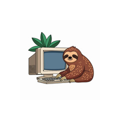 Fototapeta premium Cute cartoon sloth resting on vintage desktop computer with tropical leaf, concept for digital detox and slow living, ideal for mindfulness apps, eco-friendly branding, and wellness blog illustrations