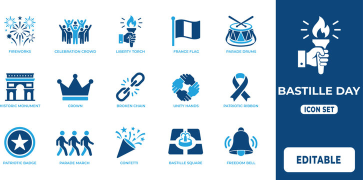 Bastille Day Celebration and French National Holiday Icon Set