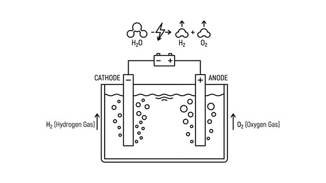Electrolysis process diagram with hydrogen and oxygen gases.