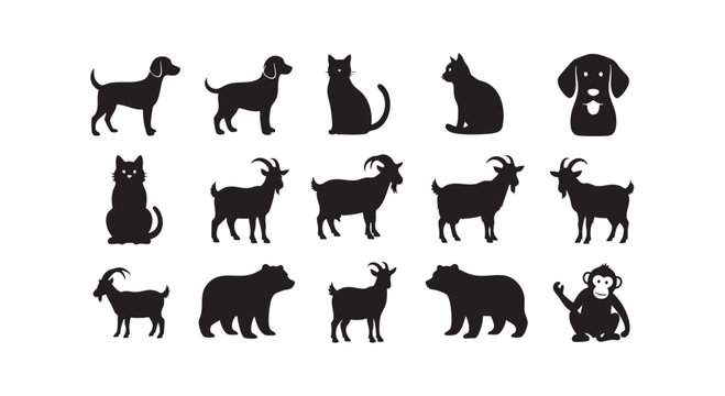 Group of black animal silhouettes including dogs cats goats bears and a monkey isolated on white background set icon.