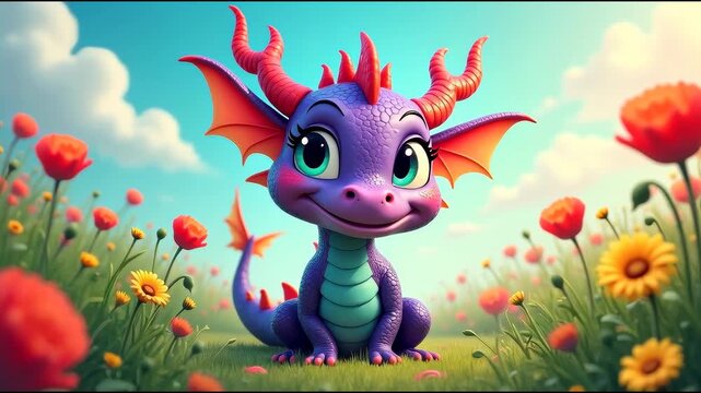 Colorful cartoon dragon character with large expressive eyes sits among vibrant flowers in a sunny meadow, showcasing a whimsical and playful atmosphere