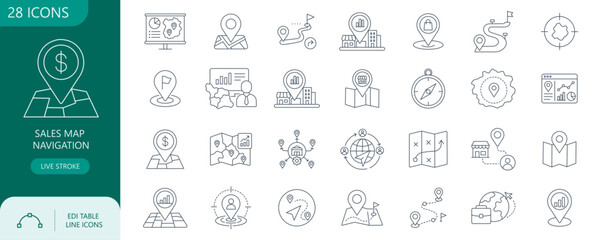 Sales map navigation line icons set, business location tracking and financial geography strategy symbols, editable stroke vector illustration on white background © RayZigna