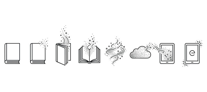 Open book transforms into digital elements data cloud and ebook reader device.