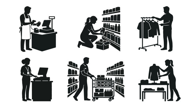 Retail workers in various actions, store setting, silhouette style
