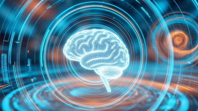 Digital brain with glowing rings