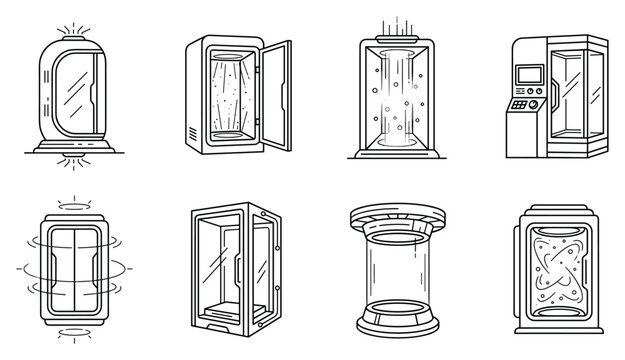 Sci fi futuristic teleporter pod and portal icons simple line art.