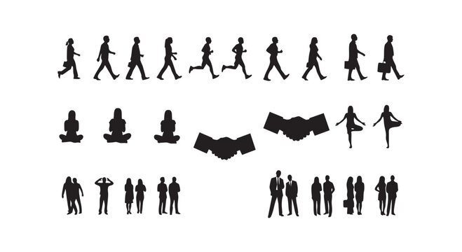 Set of businessman and people silhouettes in various poses walking running shaking hands and standing in groups isolated.