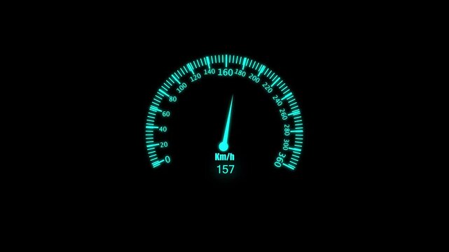 Digital speedometer gauge displaying a speed of two hundred and six kilometers per hour with a glowing cyan neon interface on black background