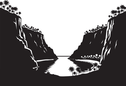 Black and white of a tropical cliffside landscape