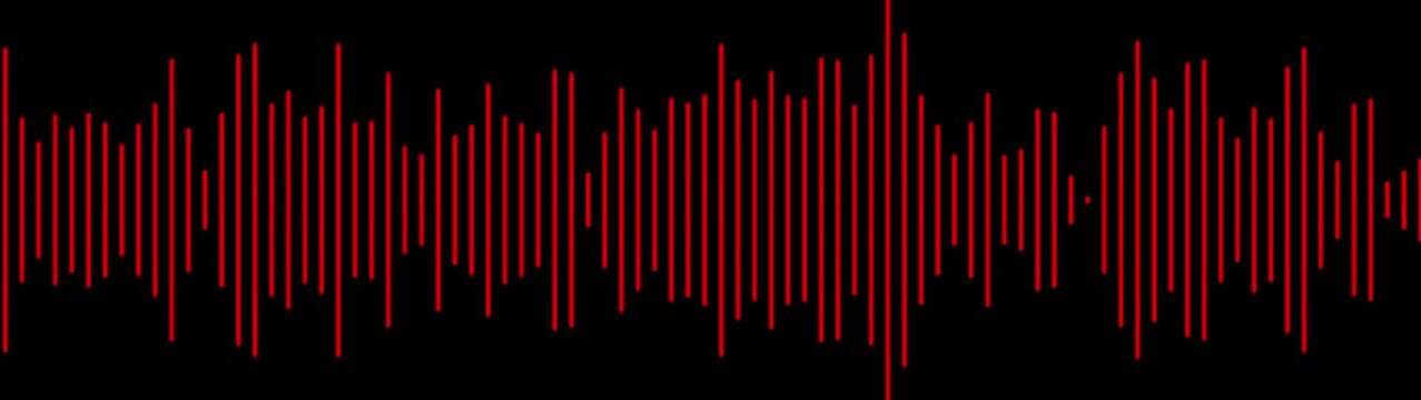 Red vertical audio waveform bars of varying heights arranged in a sequence on a black background representing sound frequency and digital data